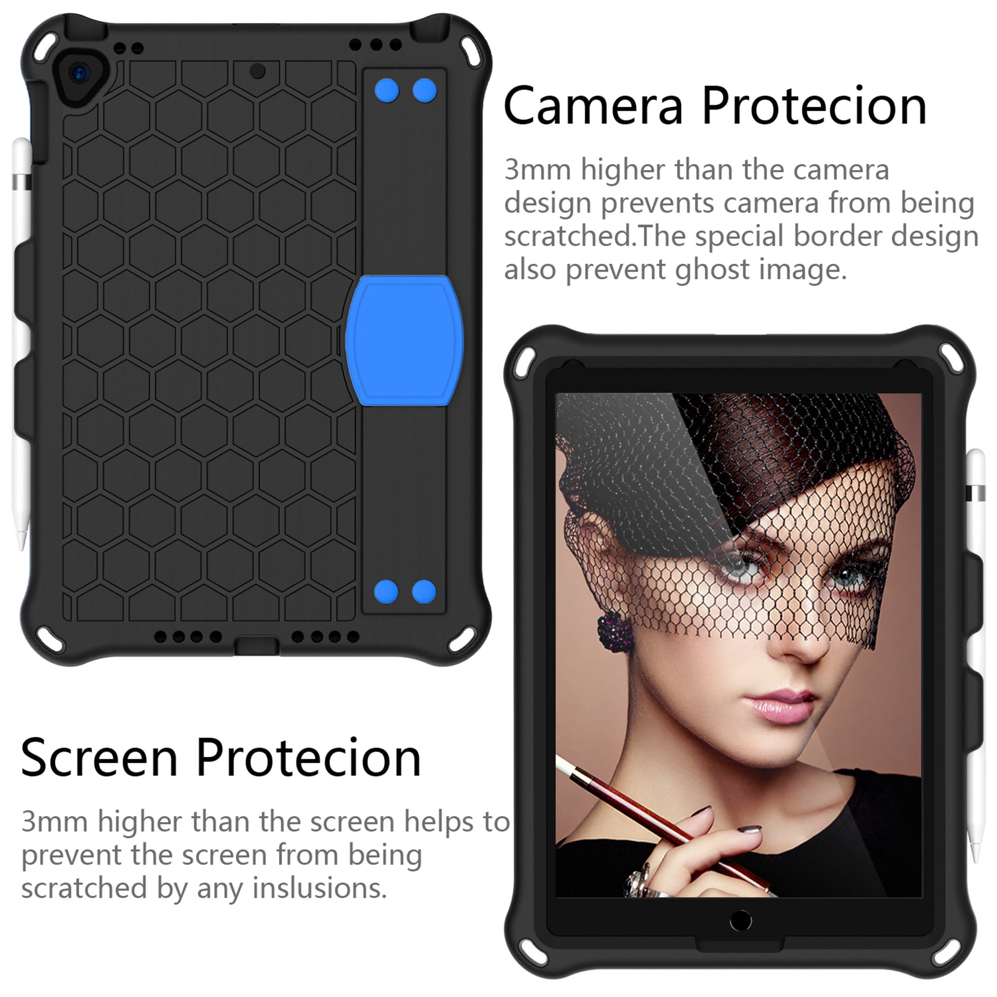 iPad 10.2 2021 Case with Screen Protector, Dteck Shockproof Case for iPad 9th Gen/ iPad 8th Gen / iPad 7th Gen with Removable Shoulder Strap/Hand Strap/Pencil Holder, Heavy Duty Rugged Case,Black/Blue