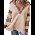 thumbnail image 2 of Sudadera de Mujer de Gran Tamaño con Cuello de Patchwork y Rayas de Colores Contrastantes, Estilo Informal. Caqui L, 2 of 7
