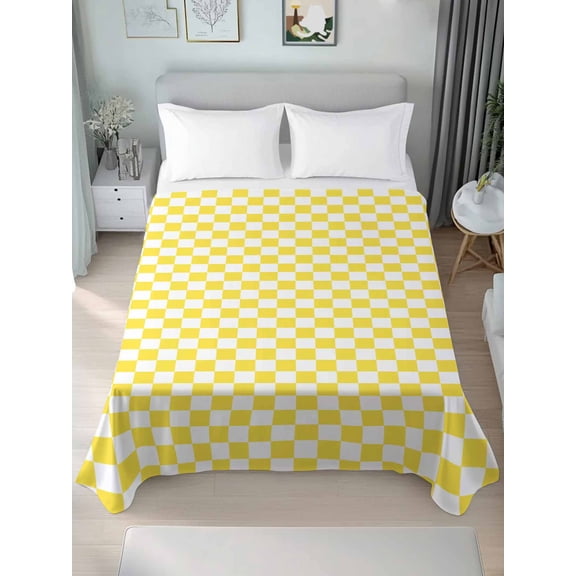 Yellow White Plaid California King Size Flat Sheet, Wrinkleproof & Fadeproof Cooling Flat Bed Sheet Only, Modern Retro Geometric Checkered Breathable Soft Bedding Top Sheets 108 x 98 Inches