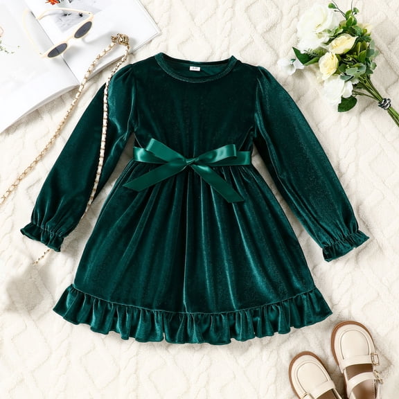 Huowey Toddler Girls Spring Dresses Velvet Solid Color Long Sleeve A-Line Crewneck Ruffles Cute Bow Belt Dresses Holiday Party Wedding Princess Dress Casual Breathable Dailywear,Green,12-18 Months