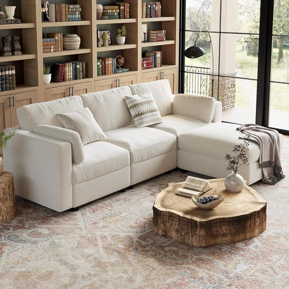 104" Modular Sectional Sofa, 4 Seater Sectional Couch, L Shaped Sofa with Ottoman, Oversized Convertible Modular Couch for Living Room Apartment Office, Chenille Beige