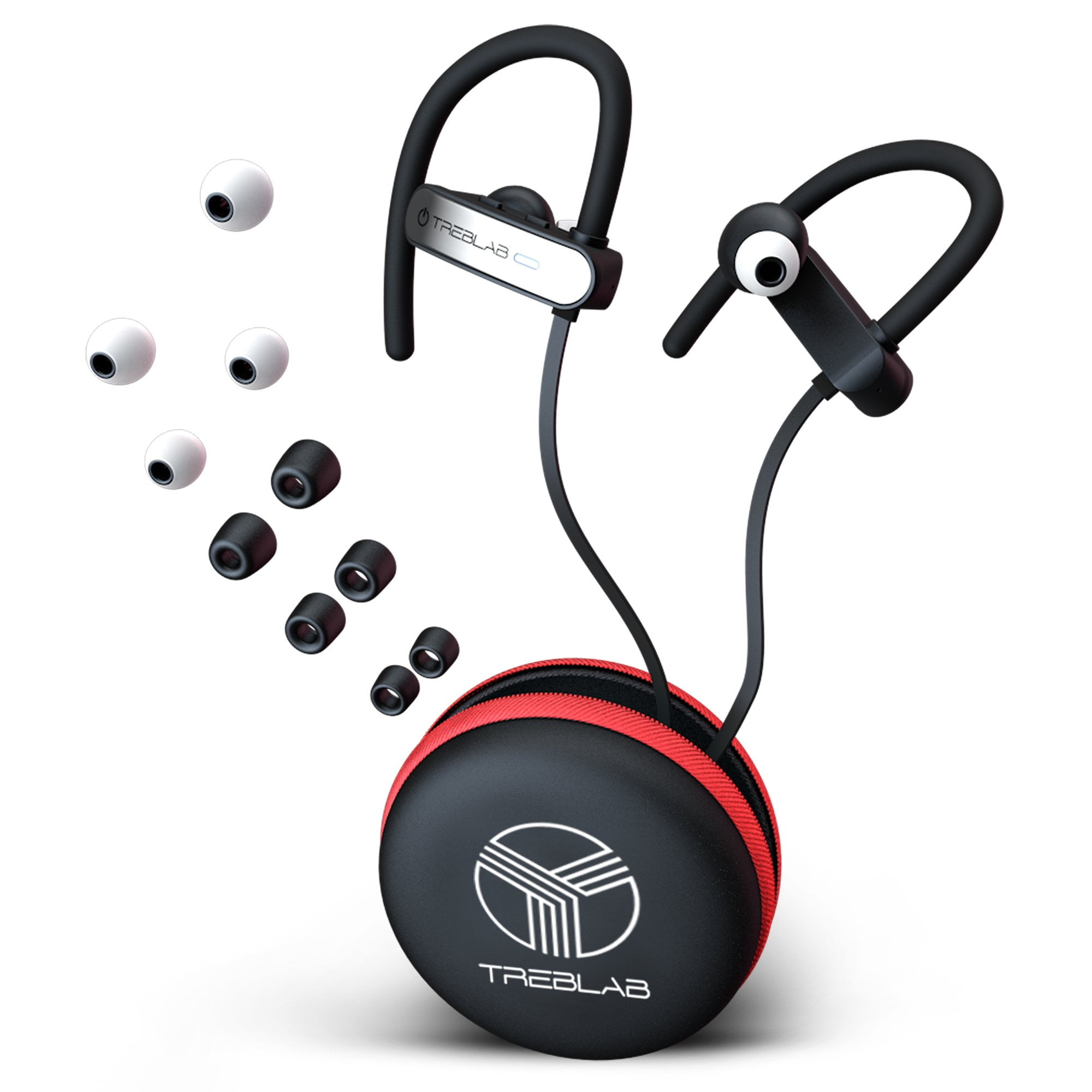 TREBLAB XR800 Bluetooth Sports Headphones, Wireless Earbuds for Running, Gym Workouts. IPX7 Waterproof, Sweatproof, Secure-Fit Noise Cancelling Earphones w/Mic, Stylish Cordless Headset (Black-White)