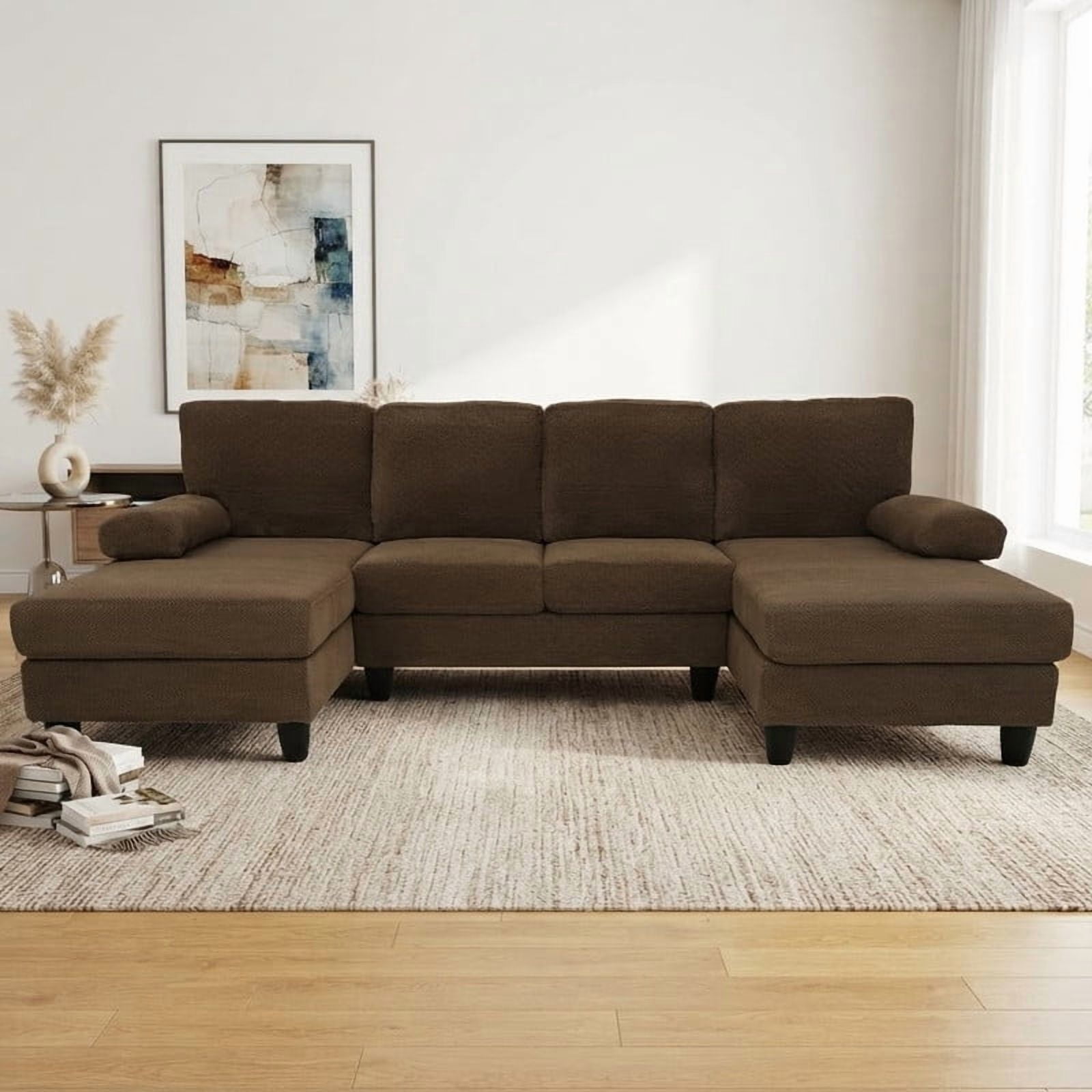 Upholstered U-Shaped Sectional Sofa, Deep Seat Sofa Couch with Dual Chaise, Plush Armrests, Modular Sofa for Living Room Apartment
