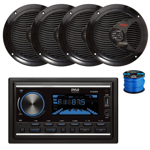 Pyle PLR2DN Double DIN AM/FM/MP3 Bluetooth Marine Stereo Receiver, 4X 6.5" 150 Watt 2-Way Dual Cone Full Range Audio Speakers (Black) w/ Wire