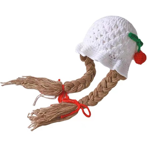 Baby Girls Bucket Hat,Baby Hat Knitting Patterns,Braided Baby Wig Woolen Yarn Knitted Hat, Casual Cap Photo Prop Gift,White Cherry Cap