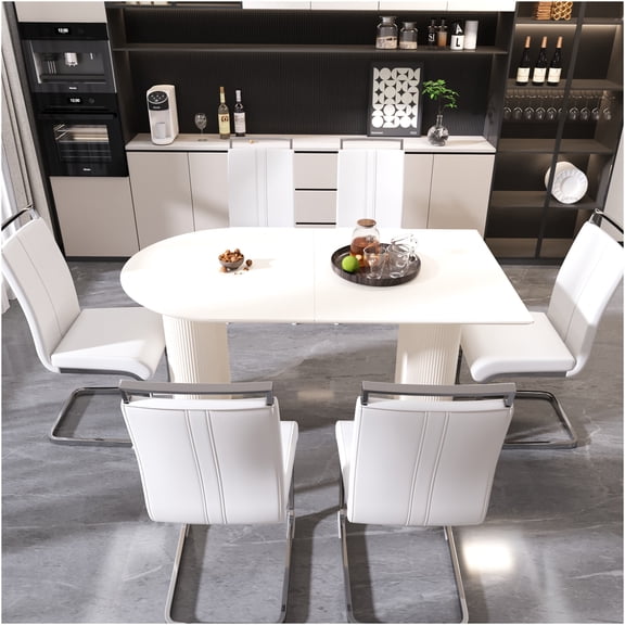 JERFIT 6-Piece Cream White Dining Table Set with PU Chairs, Modern Farmhouse Kitchen Table for 6, MDF Top & Silver Metal Legs, Easy Assembly Dining Room Furniture
