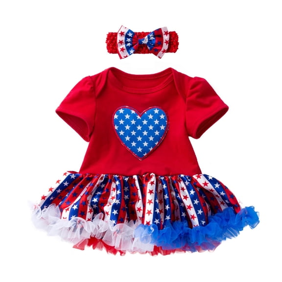 OAVQHLG3B Baby Girl 4th of July Outfit Kids Girls Romper Clothes Independence Day Jumpsuit Skirt Headband Set