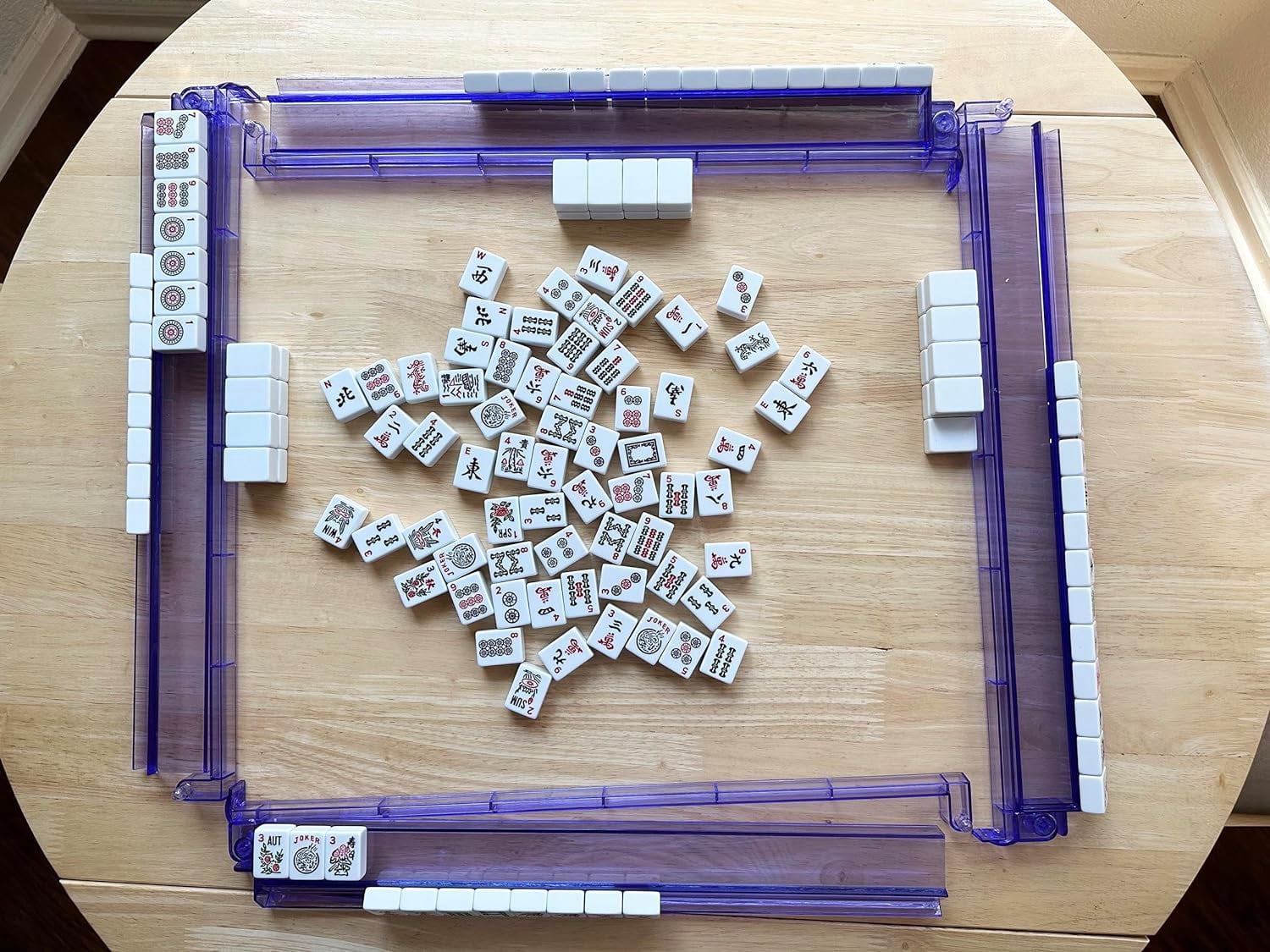Set of 4 All in one Transparent Mahjong Rack & Pusher Acrylic Mah Jongg Rack Pusher 18" (Purple)