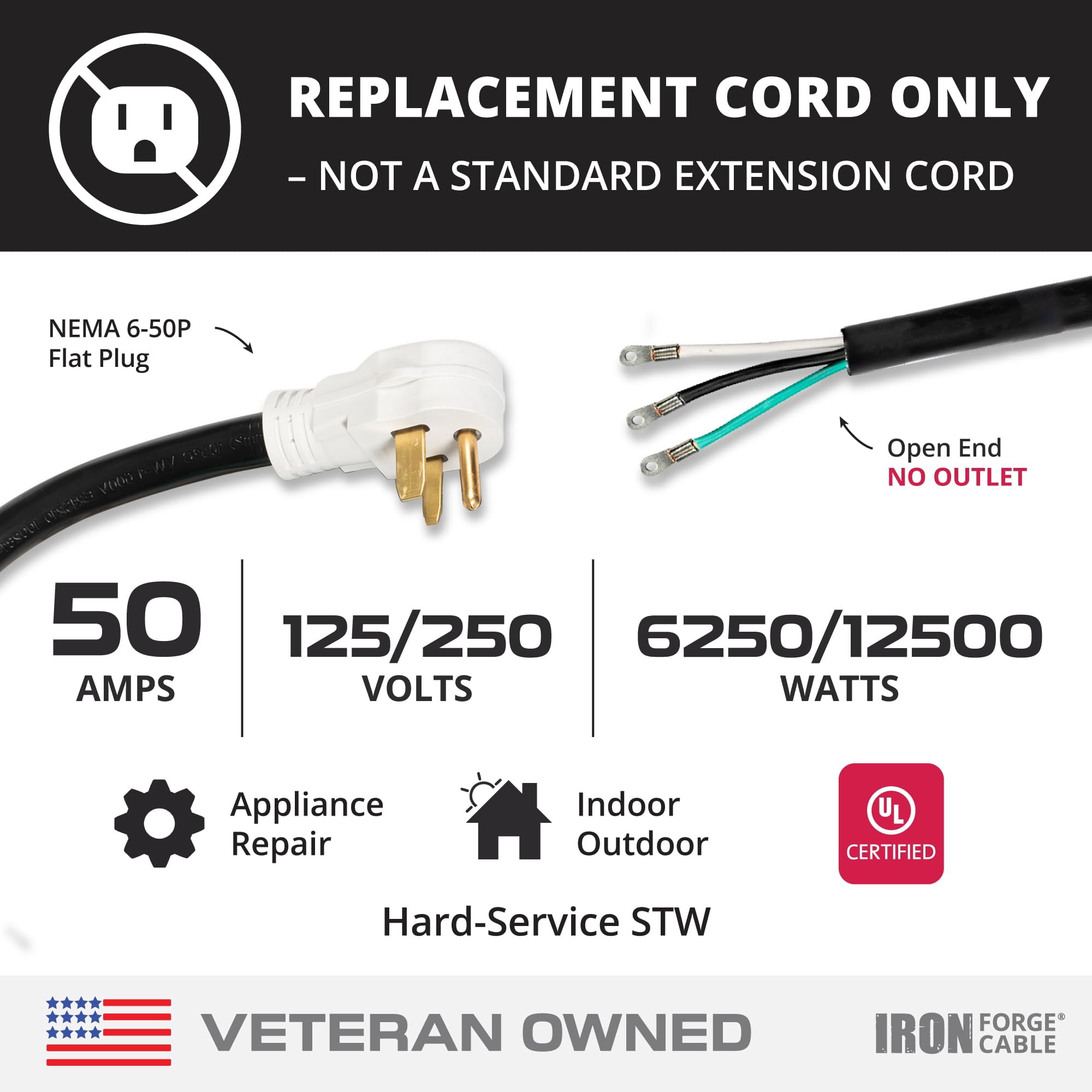 Iron Forge Cable NEMA 6-50 Extension Cord with Open End - 8ft 50 Amp EV Power Cord with Eyelet, 6/3 Gauge Replacement Cable - NEMA 6-50 Plug STW