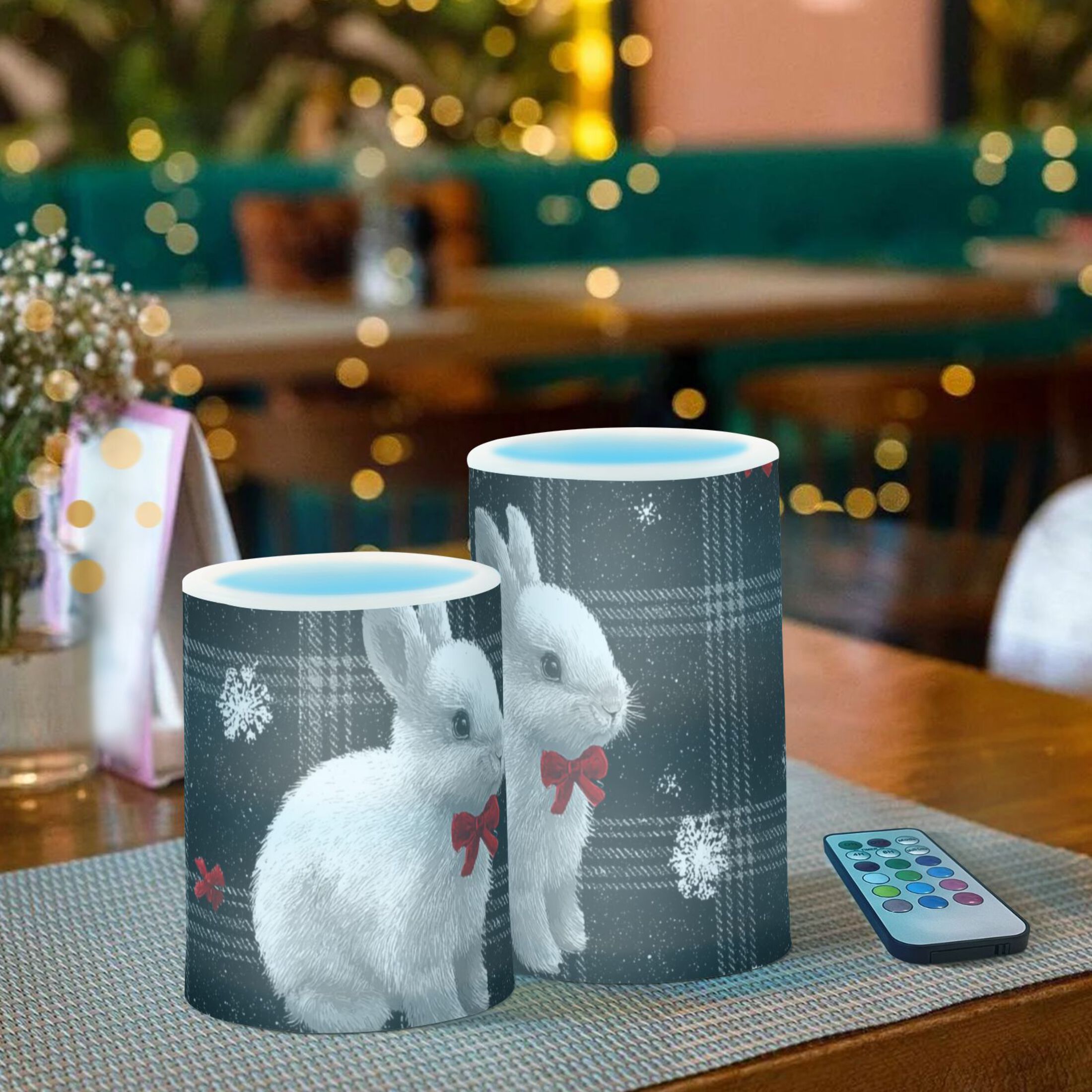 Black Gingham Plaids Rabbits with Bows Christmas Flickering Flameless Candles LED Tealight Battery Operated with Remote Set of 2 Holiday Decor Ornaments