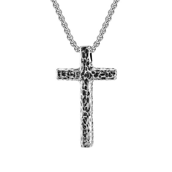 PAMTIER Unisex Stainless Steel Retro Punk Depressed Hammering Pattern Cross Pendant Amulet Crucifix Necklace Christian Jewelry Silver 23.6" Chain
