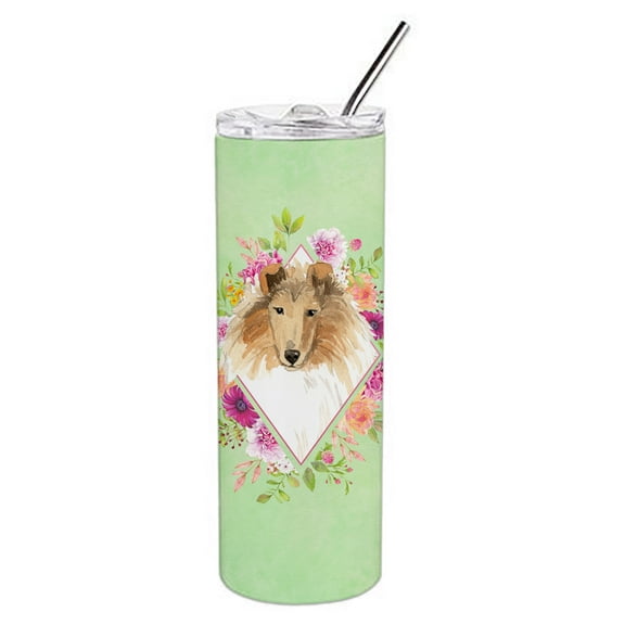 Carolines Treasures CK4376TBL20 Collie Green Flowers Stainless Steel 20 oz Skinny Tumbler 20 oz multicolor