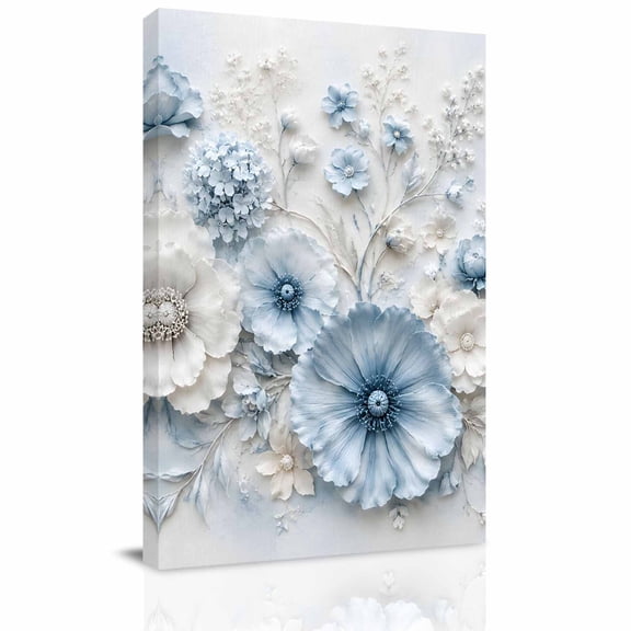 Canvas Wall Art, Blue White Floral Framed Canvas Prints for Hallway Living Room, Modern Chic Blooming Flowers Leaves Extra Large Gallery Wrapped Wall Decor for Home Office, Gifts, 20"x30"