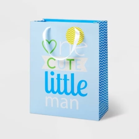 Medium 'One Cute Little Man' Baby Shower Gift Bag with Tag Blue - Spritz: Baby Boy Gift Bag, Typography Pattern, 12.75" Height