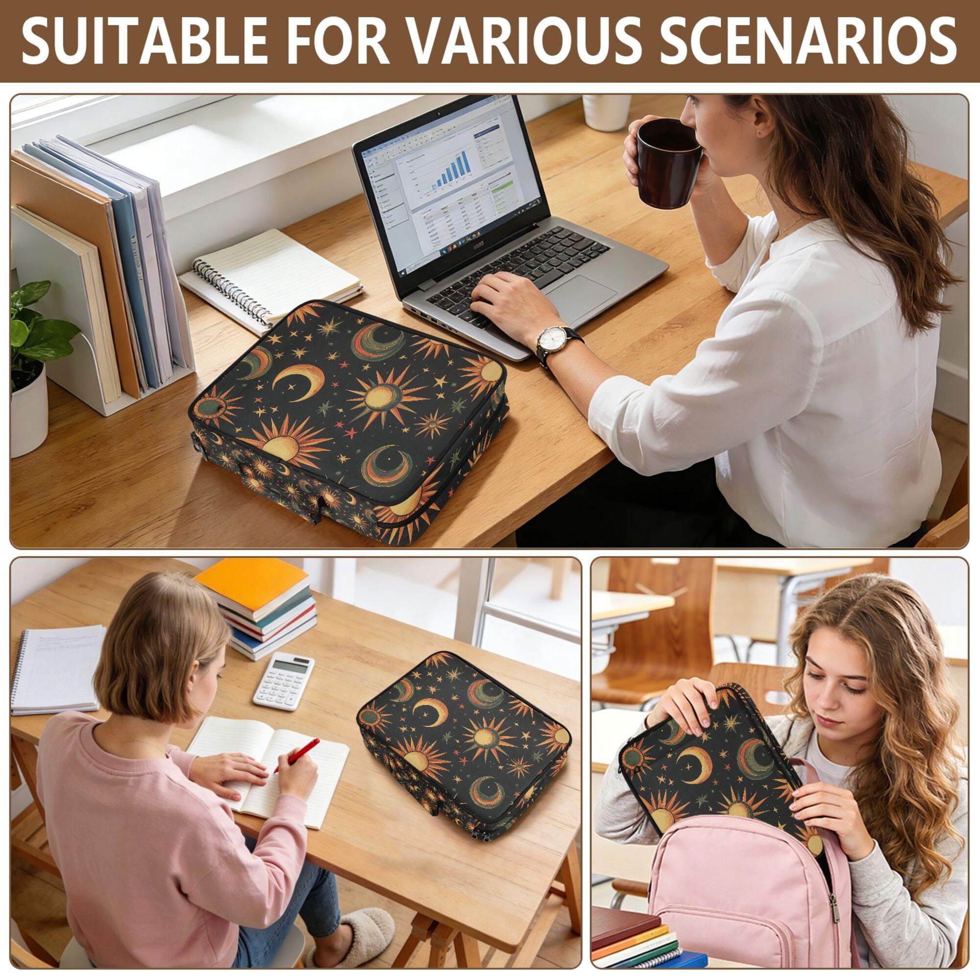 FORMRS Accordion File Folder A4 Size 7-Pocket Expanding Document Organizer Bag with 3 Ring Binder, Sun Moon and Stars Pattern