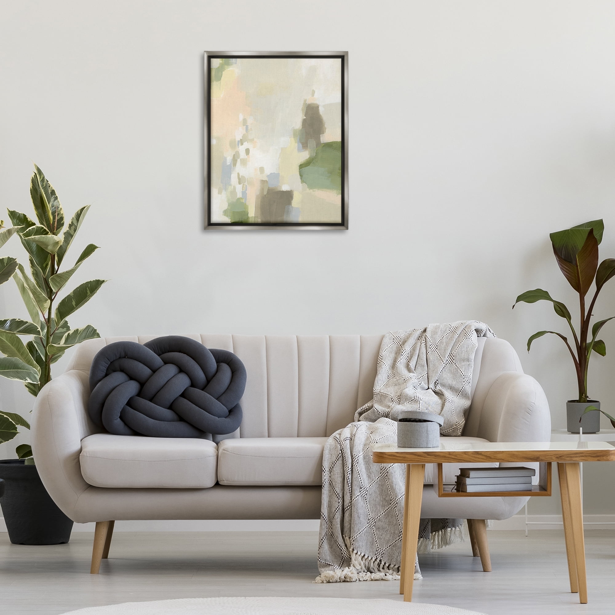 Stupell Industries Muted Beige & Green Abstract Painting Gray Floater Framed Canvas Art Print Wall Art, 25 x 31