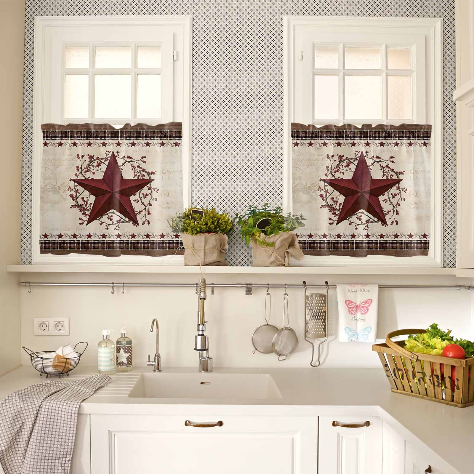 Country Star Kitchen Curtains Valance and Tier Set Red Stars Berry Linen Texture Brown Plaid Wood Grain Rod Pocket Short Curtains for Small Window 3 Pieces Set for Bedroom Cafe (54" x 18"+27" x 36")