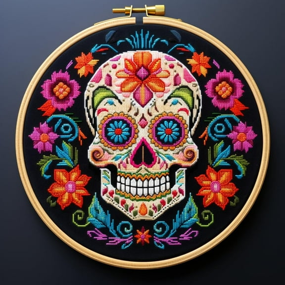 Colorful Skull DIY Stamped Cross Stitch Kits for Beginners Easy with Hoop 11CT Needlepoint Embroidery Counted Cross Stitch Kits Art Craft Wall Decor and Gift 35x35cm(2)