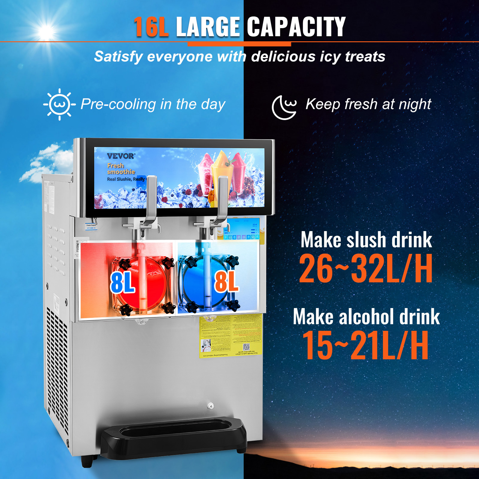 KFFKFF Commercial Slushy Machine, 8L / 2.1 Gal Dual Bowl Frozen Drink Maker, 1155W Stainless Steel Smoothie and Margarita Machine for Parties, Cafes, Restaurants, Bars, and Home Use