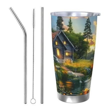 

Fuzoiu Cozy Cottage Lakeside Sunset Print 20oz Tumbler Stainless Steel Vacuum Insulated Car Cup Insulated Coffee Mug Travel Mug with Lid Thermal Cup for Outdoor-Straw Three-piece Set
