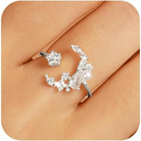 Crescent Rings for Women 925 Sterling Silver White Cubic Zirconia Star Moon Ring for Mother Daughter 14K Gold Plated Pearl Ring Adjustable Rings Christmas Wedding Jewelry Gift