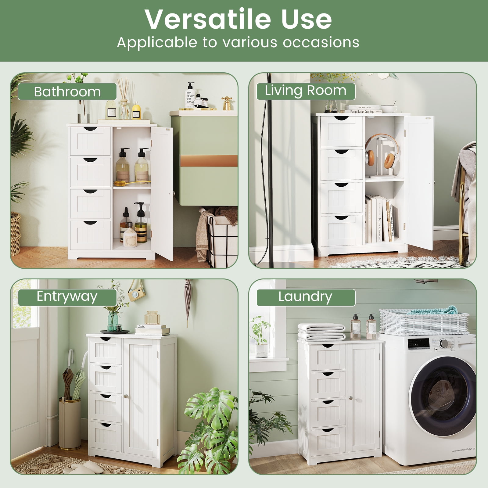 Gymax Bathroom Floor Storage Cabinet Wooden Freestanding Bathroom Storage Unit w/ 1 Door & 4 Drawers