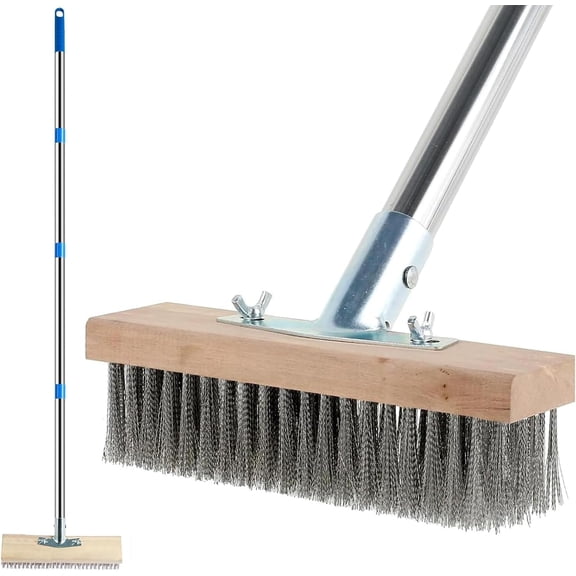 Concrete Scrub Brush - Concrete Scrubber Wire Broom with 62" Long Handle - Deck Brushes for Scrubbing Heavy Duty Stiff Metal Bristle Floor Scrubber Brushes for Cleaning Moss Grout Garage Patio