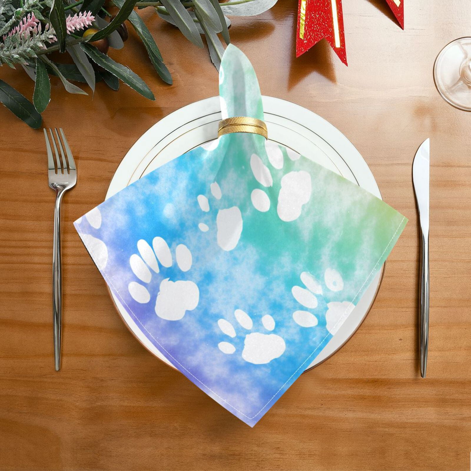 JSTEL Dog Paw Prints Rainbow Tie Dye Cloth Napkins Set of 6, 20x20 Inch Washable and Reusable Napkin for Decoupage Dinner Party Everyday Use