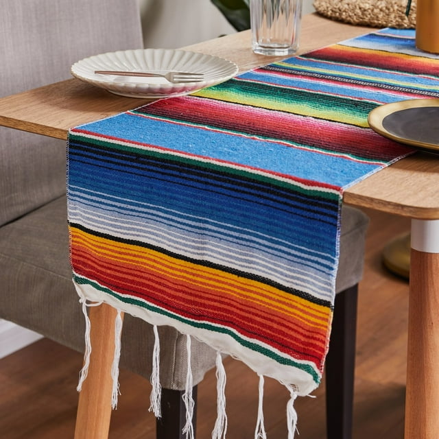 Mexican Table Runner 14 x 84 Inch Mexican Serape Table Runner for Mexican Party Wedding Decorations, Fringe Cotton Table Runner Lake Blue
