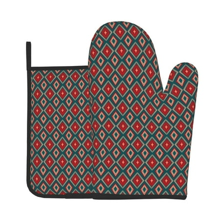 

Xecao Red And Orange On Blue Teal Pattern Oven Mitts and Pot Holders Sets Heat Resistant Silicone Oven Mittens Extra Thicken Long Kitchen Cotton Oven Glove for Cooking