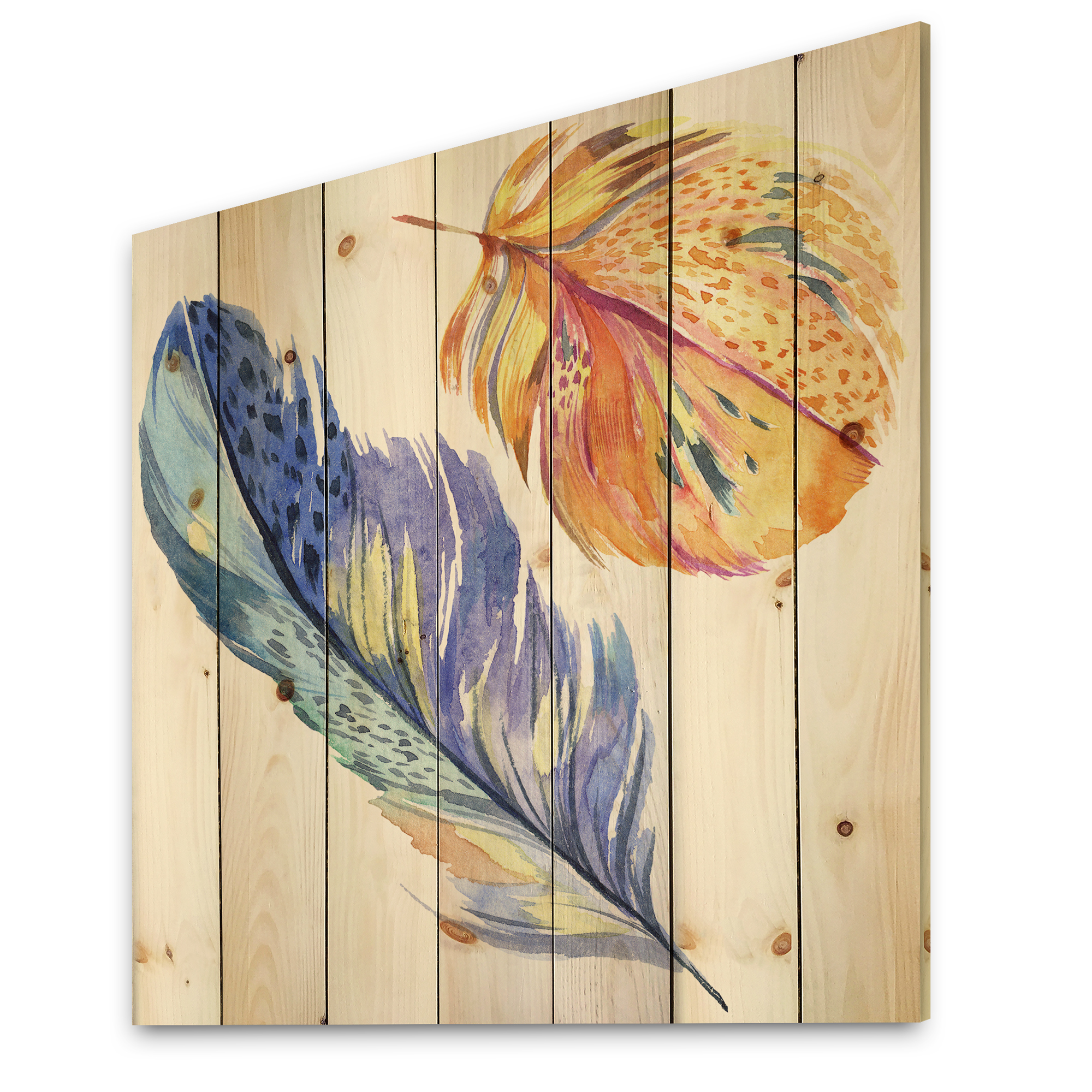 Designart 'Colorful Blue and Golden Bird Feather From Wing' Bohemian & Eclectic Print on Natural Pine Wood
