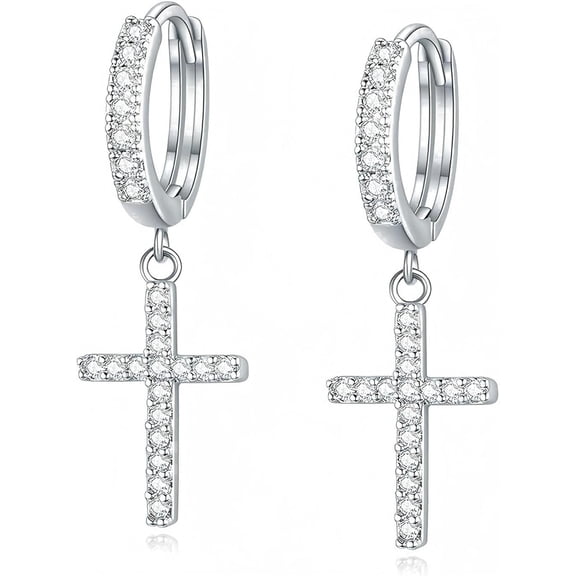 SUETOR Silver Plated Cross Hoop Earrings for Women, CZ Huggie Dangle Earrings, Hypoallergenic Lightweight Faith Jewelry Gift