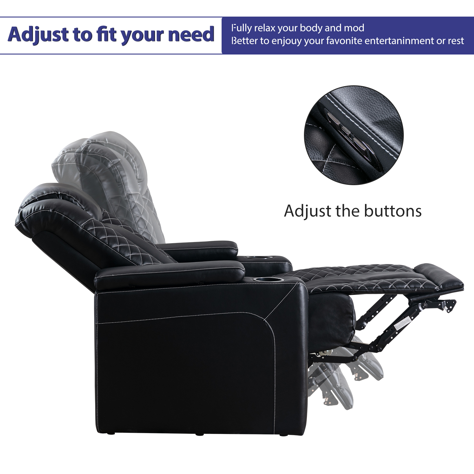 Ebello 35" Wide Adult Man Cave Breathable Leather Argyle Home Theater Individual Seat Recliner Chair with Armrest Storage and LED, Black