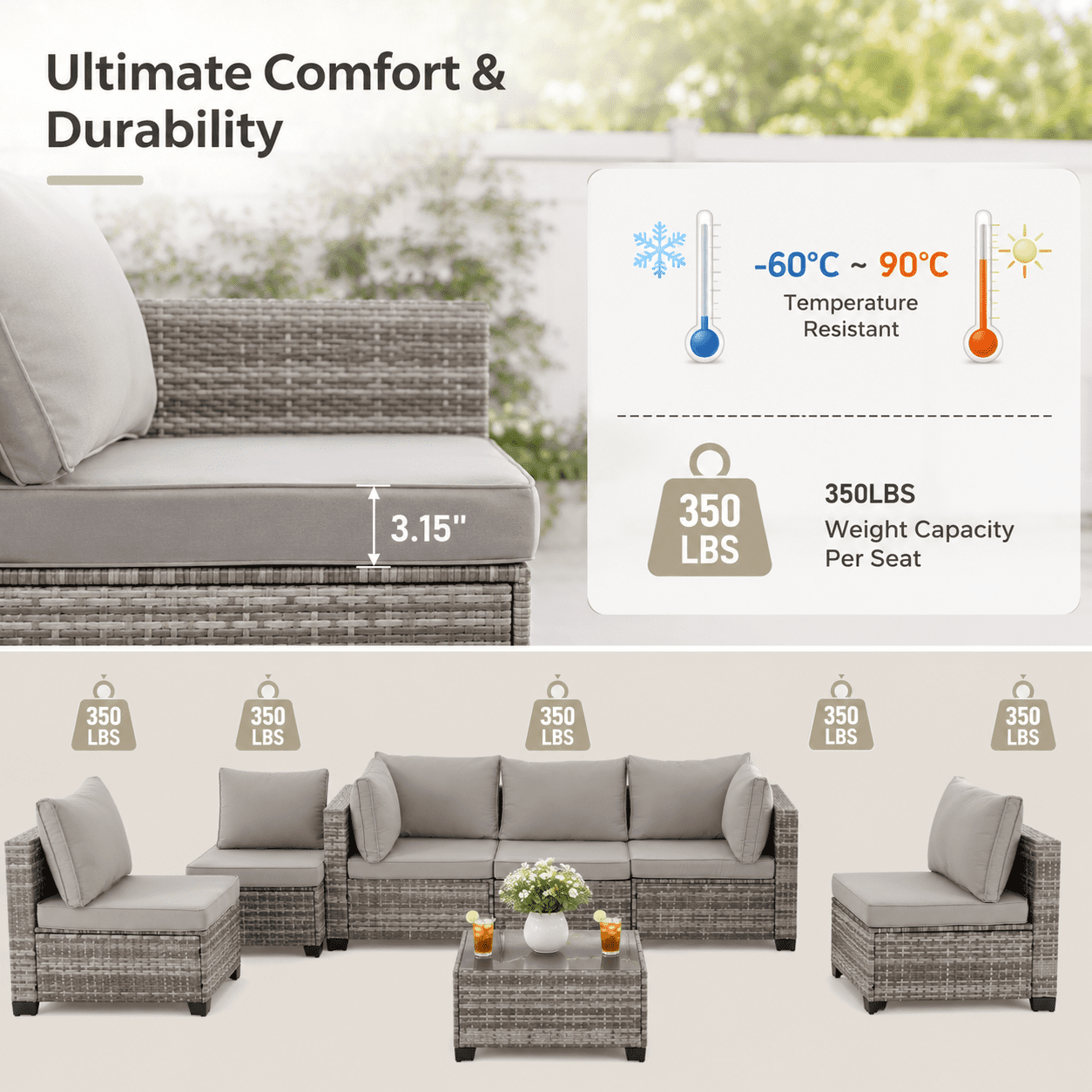7 Piece Patio Furniture Sets Outdoor Sectional PE Rattan Outdoor Furniture Patio Conversation Set with Cushions and Glass Coffee Table, for Balcony Lawn and Garden, Grey