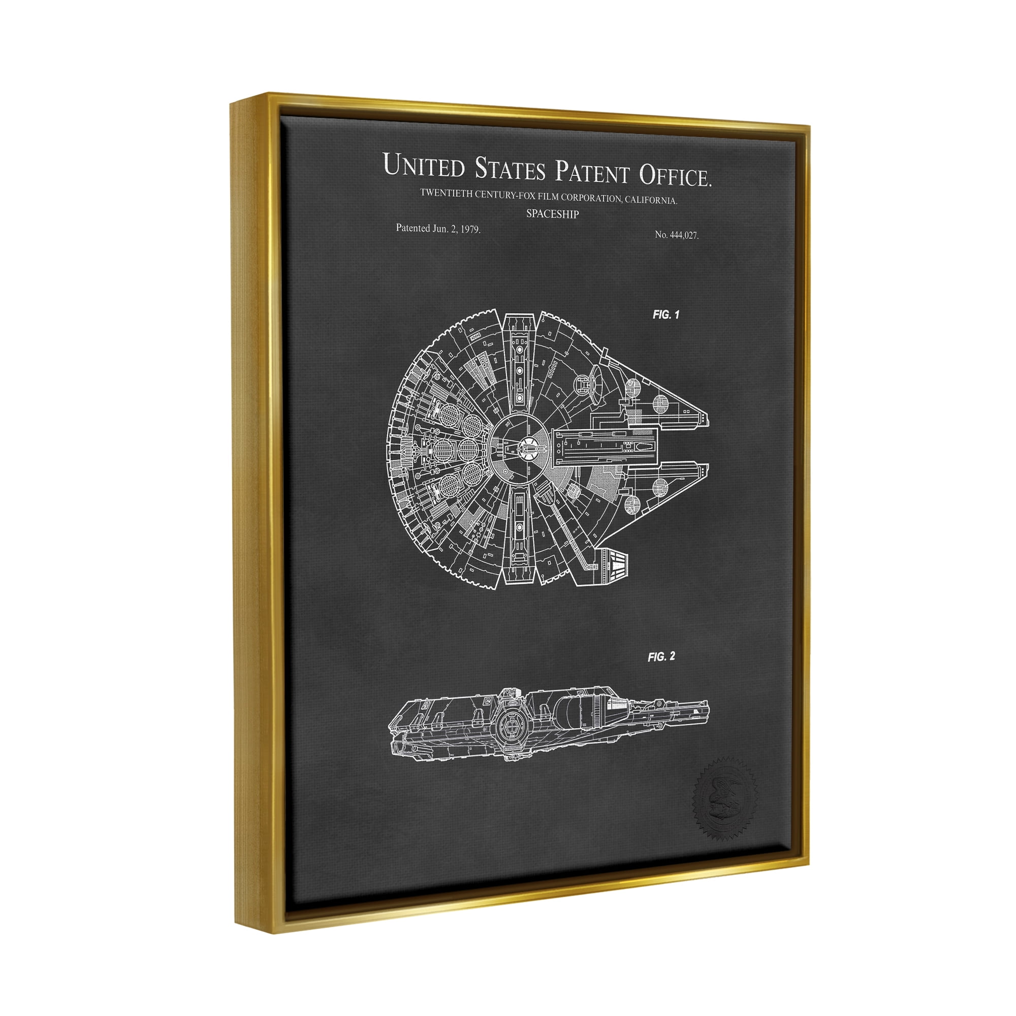 Stupell Industries Detailed Sci-fi Spacecraft Representation Blueprint Diagram Metallic Gold Framed Floating Canvas Wall Art, 16x20, by Karl Hronek