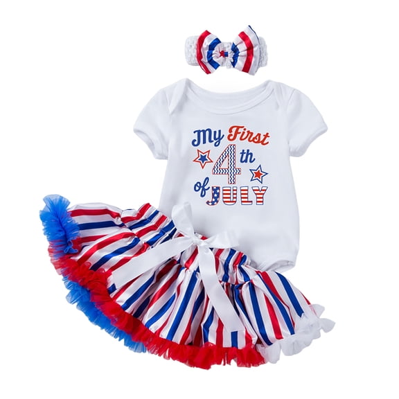 TOWED22 My 1st 4th Of July Baby Girl Outfits Newborn Clothes Ruffled Romper American Flag Infant Dress Headband 0-18 Months(White,3-6 M)