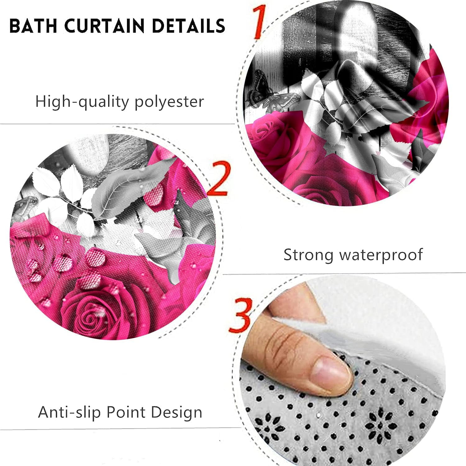 Red Rose 4 Pcs Shower Curtain Sets Non-Slip Rugs Bath Mat Toilet Cover U Shaped Mat Black Red Shower Curtain with 12 Hooks Red Rose Bathroom Set