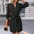 thumbnail image 2 of VEKDONE Women Shirt Dress Long Sleeve V Neck Button Down Mini Dress with Belted Elegant Loose Fit Knee-Length Casual Tunic Dresses with Pocket Black M, 2 of 8