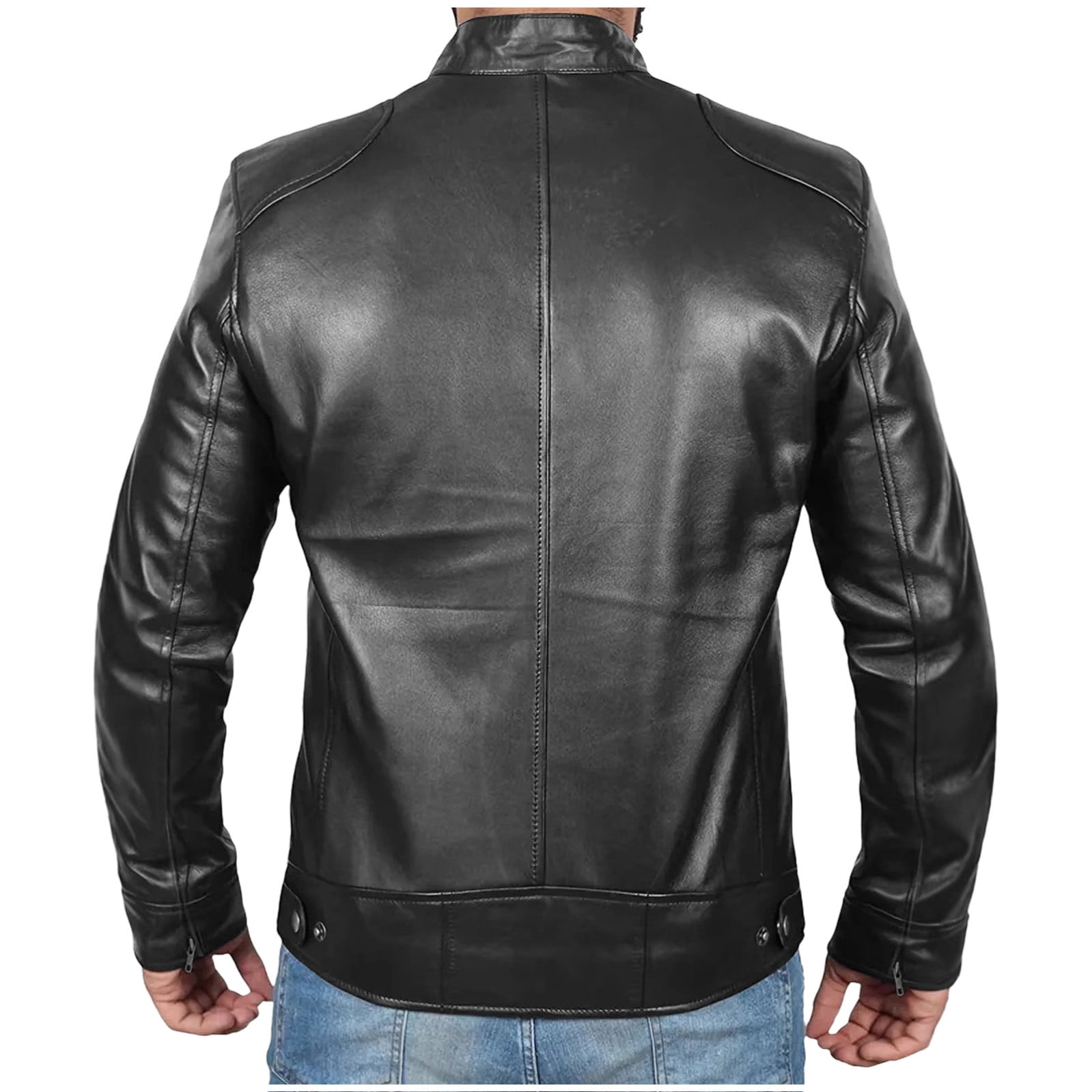 RYDCOT Men Leather Jacket Outerwear Retro Fashion PU Leather Long Sleeved Stand Collar Coat with Zipper Pockets Black