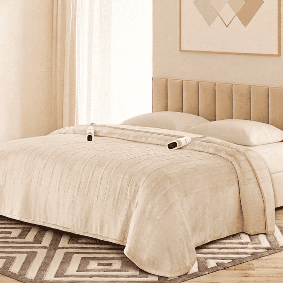 Ocuuziisu Electric Blanket 90" x 100" King Size Heated Blanket, Flannel and Sherpa, 10 Hour Auto-off, 9 Heat Settings, Fast Heating, Machine Washable, Beige