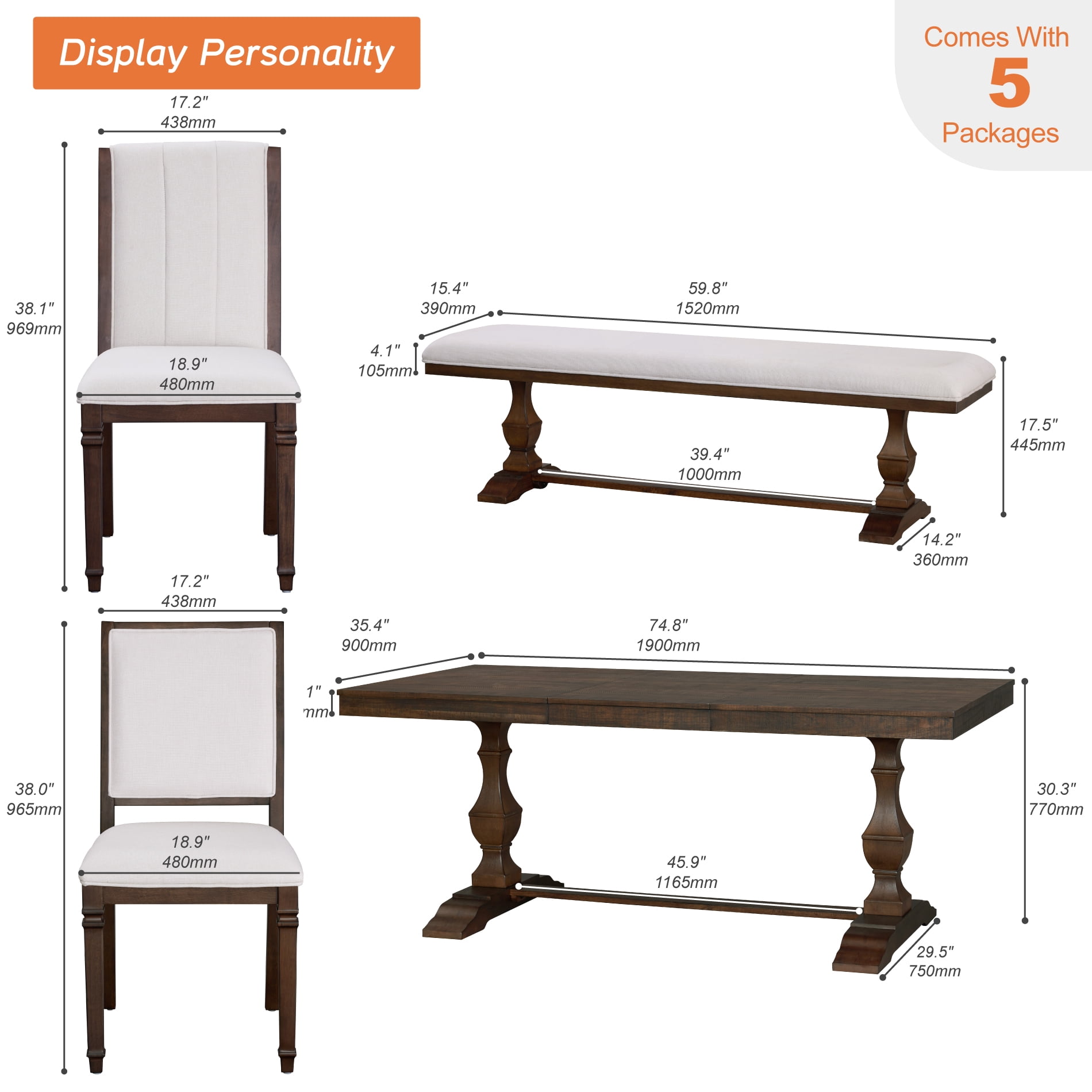 WAMPAT 6-pieces Farmhouse Dinning Table,74.8" Kitchen Table Set with 4 Chairs and Bench for 6-8, Solid Wood Legs and Cushion Seat for Kitchen & Living Room,Espresso Brown