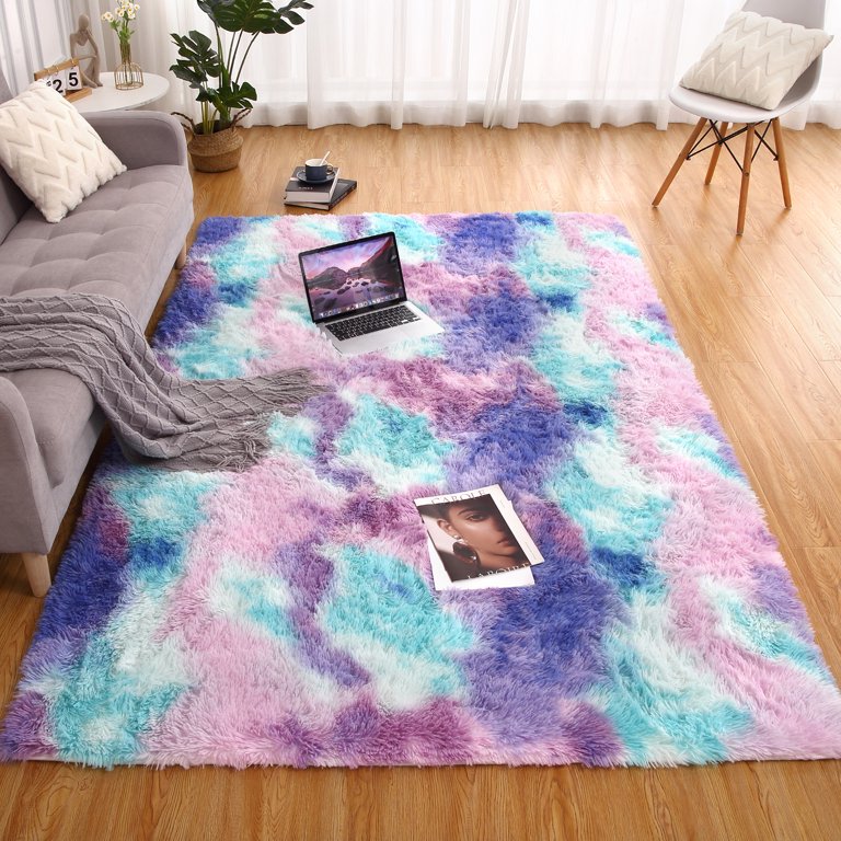 Ophanie Tie Dye Black and Grey Area Rugs for Bedroom Living Room, Fluffy  Shag Fuzzy Carpet