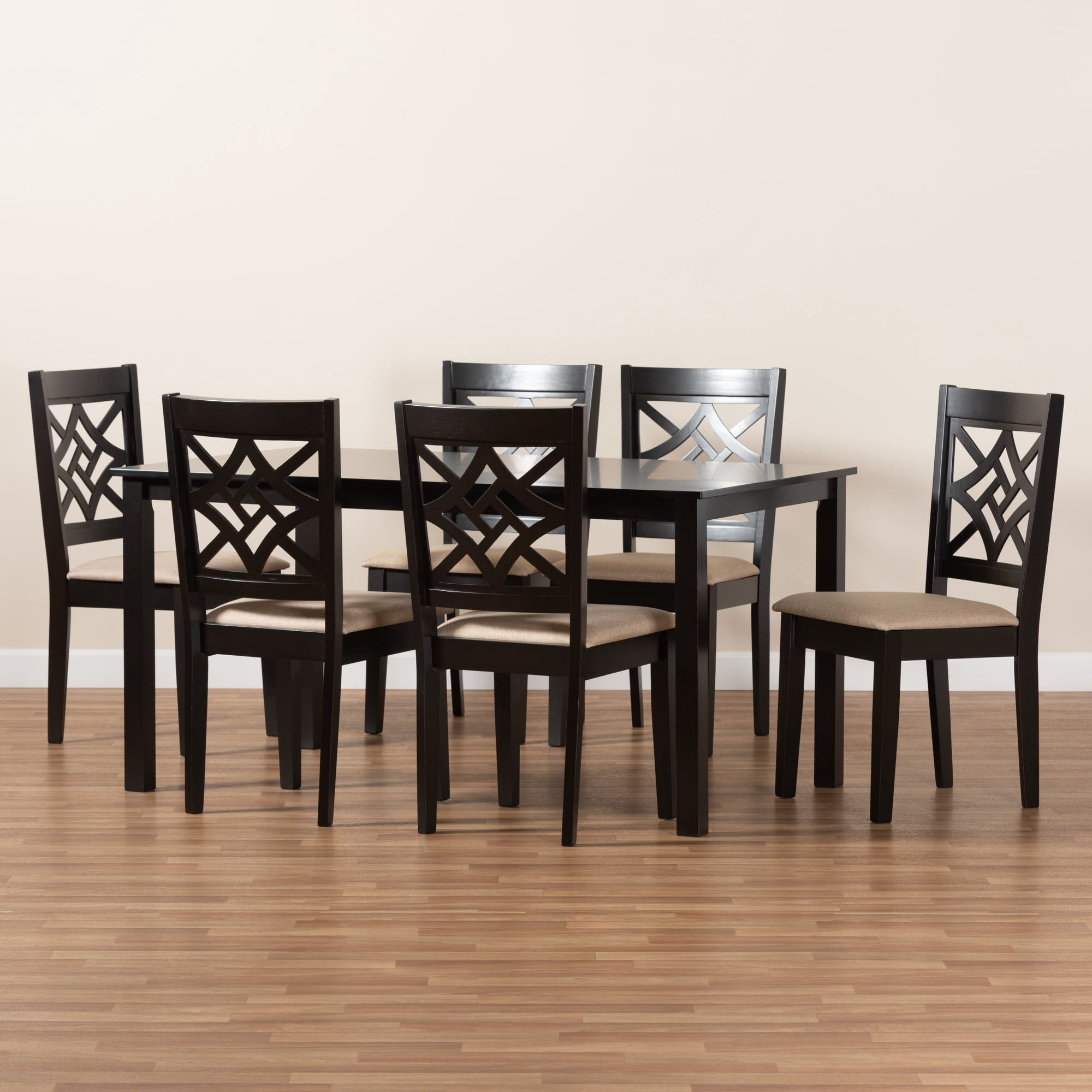Baxton Studio Nicolette Modern and Contemporary Sand Fabric Upholstered and Dark Brown Finished Wood 7-Piece Dining Set