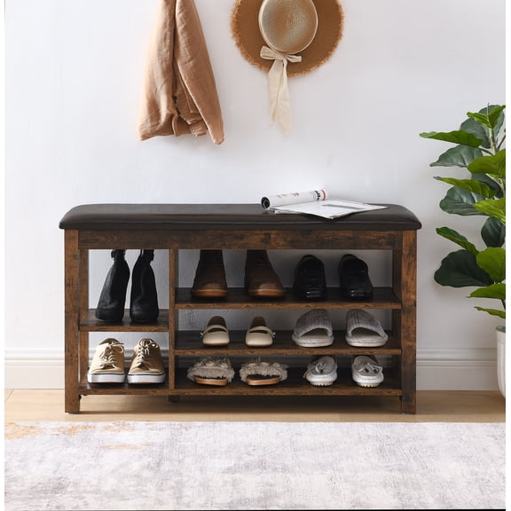 FFZ Adjustable Shoe Bench Natural Rubberwood Concealed Storage Vintage Charcoal