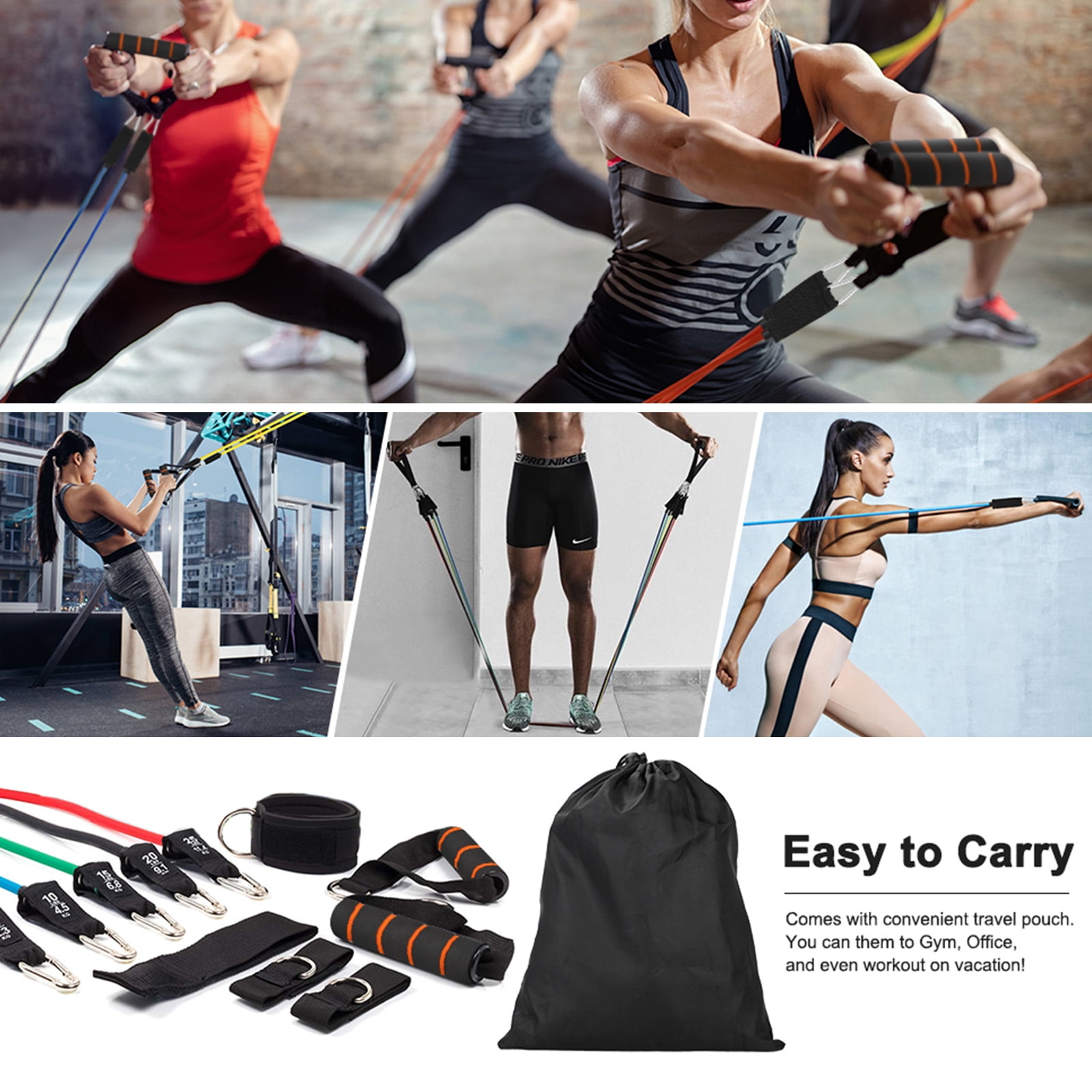 11pcs Resistance Bands, Exercise Bands, Workout Bands with Training Tubes, Handles, Ankle Straps, 5 Resistance Levels Fitness Bands for Physical Therapy, Yoga, Pilates