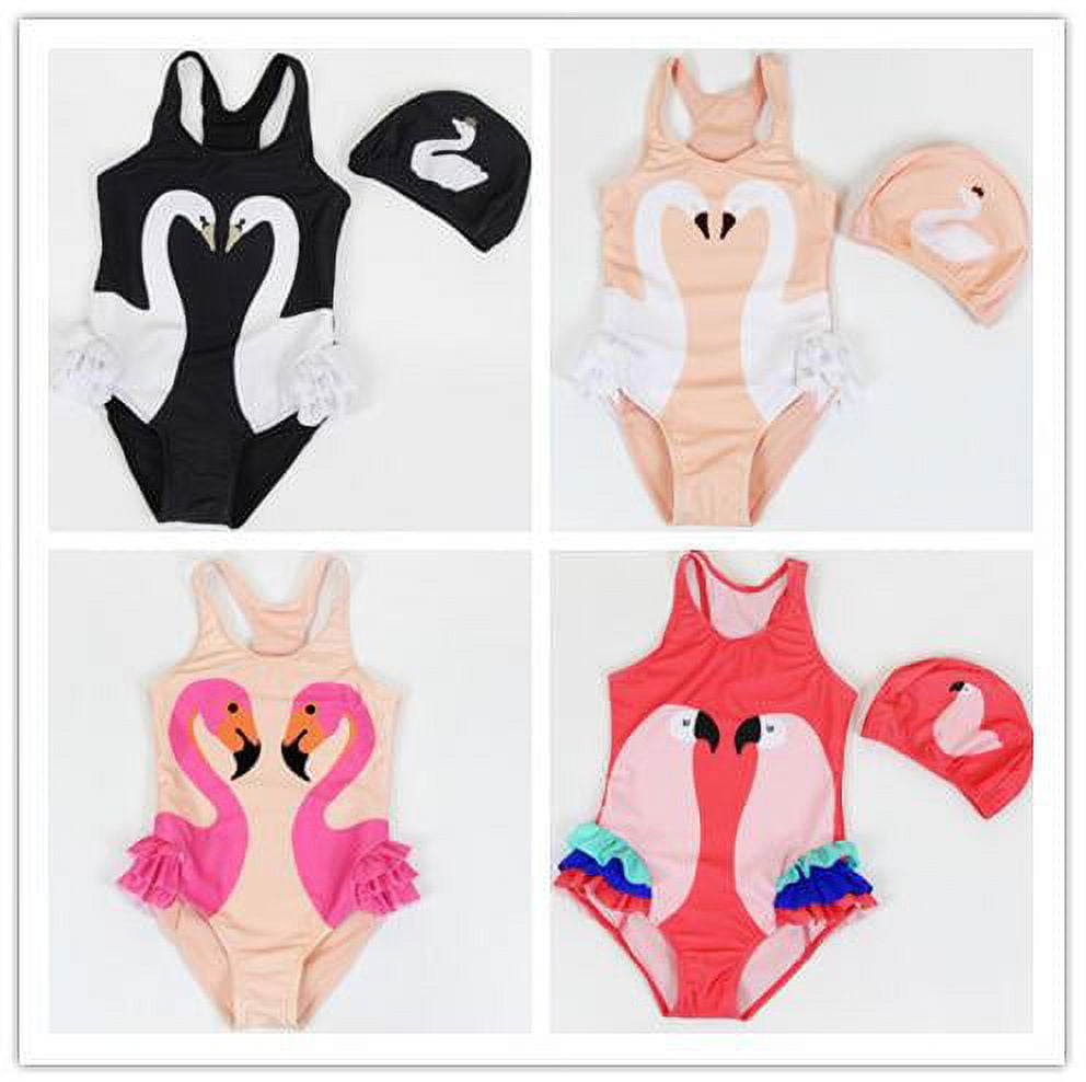 Pink Swan Girls Swimsuit Cute One Piece Swimwear with Swim Hat Set Medium