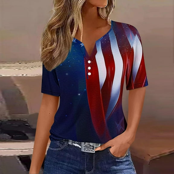 Cavosen 4th of July Tops for Women Petite Red White and Blue Short Sleeve V Neck T Shirts USA Star Striped Graphic Tops Lady XL Patriotic Casual T Shirts Independence Day Tunic Tees Patriotic Blouses