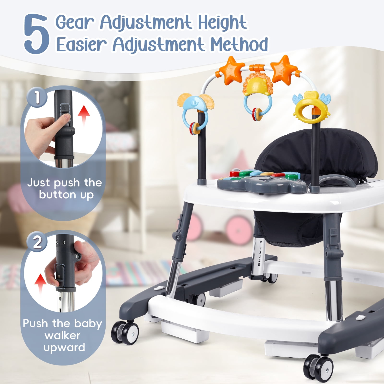 5-in-1 Foldable Baby Walker – Adjustable Height, Music & Lights, Bouncer with Wheels, for Baby Boys & Girls 6-18 Months, Gray