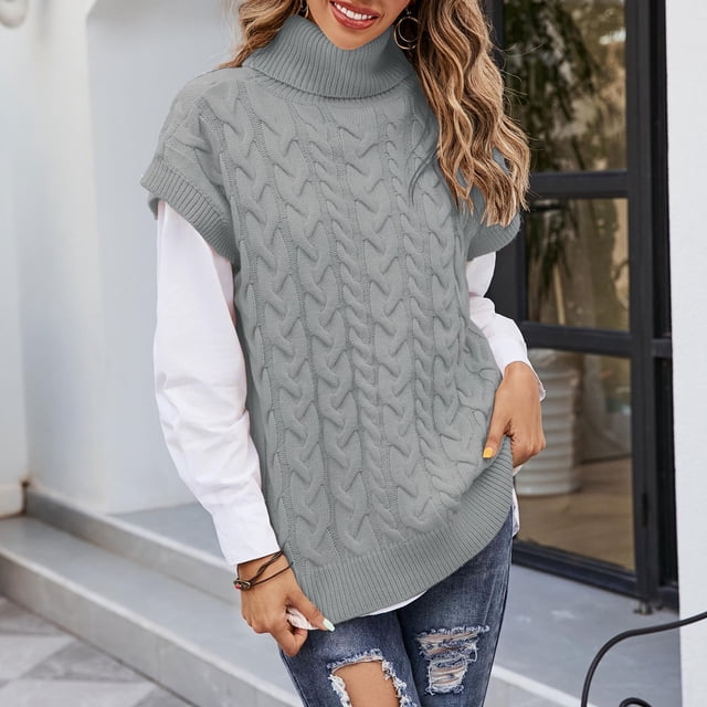 Gilet Pull pour Femmes, Pull Col Roulé Femmes, Sans Manches Col Montant Tricoté Pull Haut