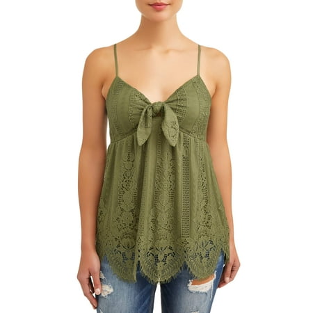 Over Lace Tank - Juniors' All Over Lace Tie Front Scalloped Tank